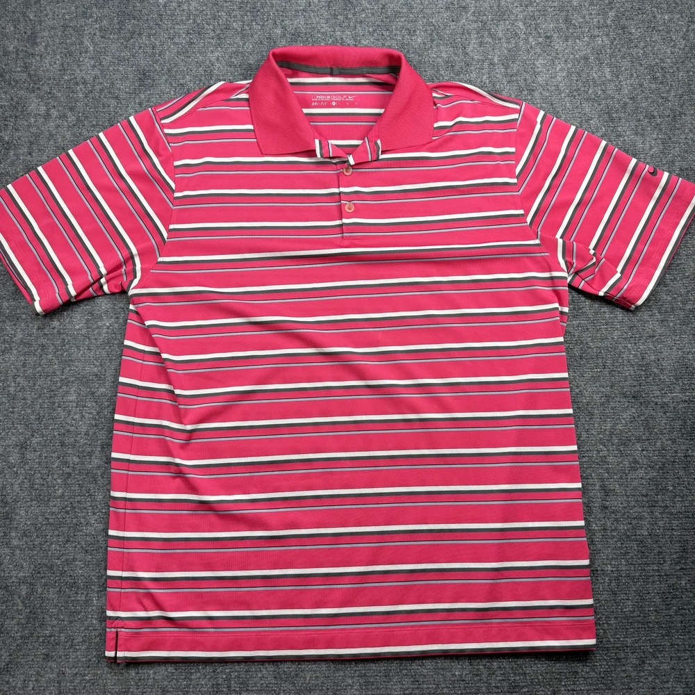 Nike Golf Polo Shirt Mens Large Pink Striped Dri-Fit 416580-616 Lightweight
